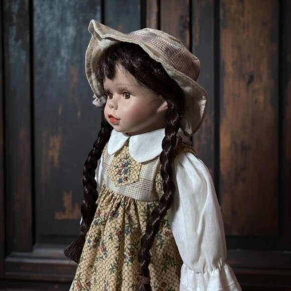 Vintage 15.5” Porcelain Girl Doll – Victorian Country Style, Braided Hair, Check - Picture 1 of 11
